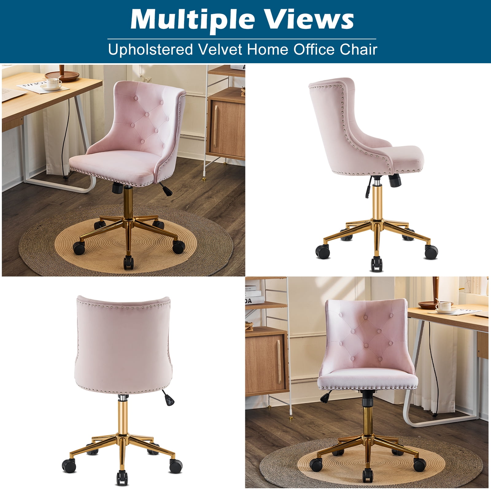 UBesGoo Armless Office Chair Flannel Computer Task Chair Adjustable Swivel Vanity Chair with Ergonomic Backrests and Wheels for Conference and Home Light Pink & Gold