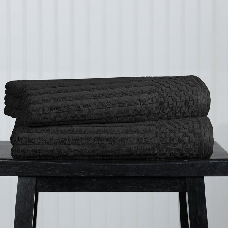 Superior 2 Piece 100% Cotton Solid and Checkered Border Bath Towel Set,  Black