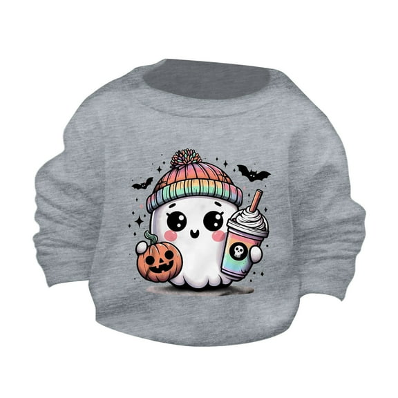 Otqutp Crewneck Tops for Baby Children's Halloween Cute Little Bats and Pumpkin Printed Round Neck Sweater Autumn Long Sleeve Hoodie Sweatshirt (Grey,5-6 Years)