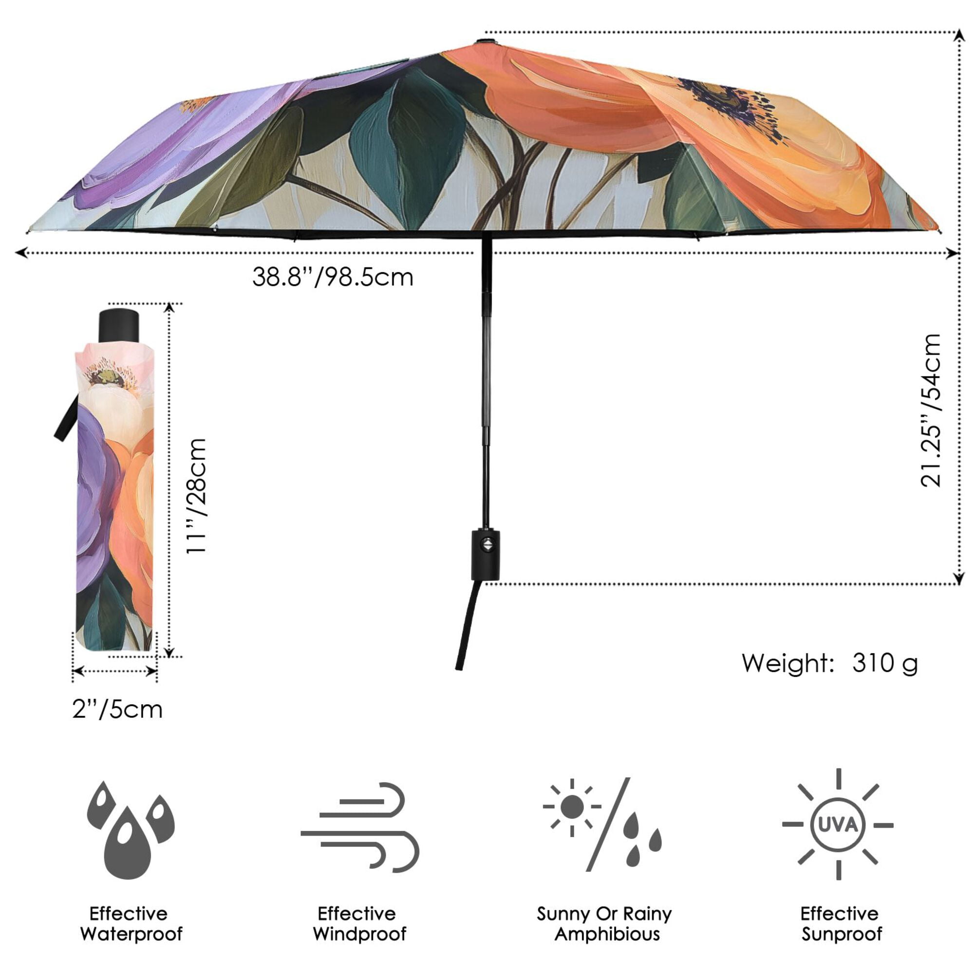 FORMRS Travel Umbrella Folding Auto Open Close Windproof Rain UV Protection, Bright Flowers