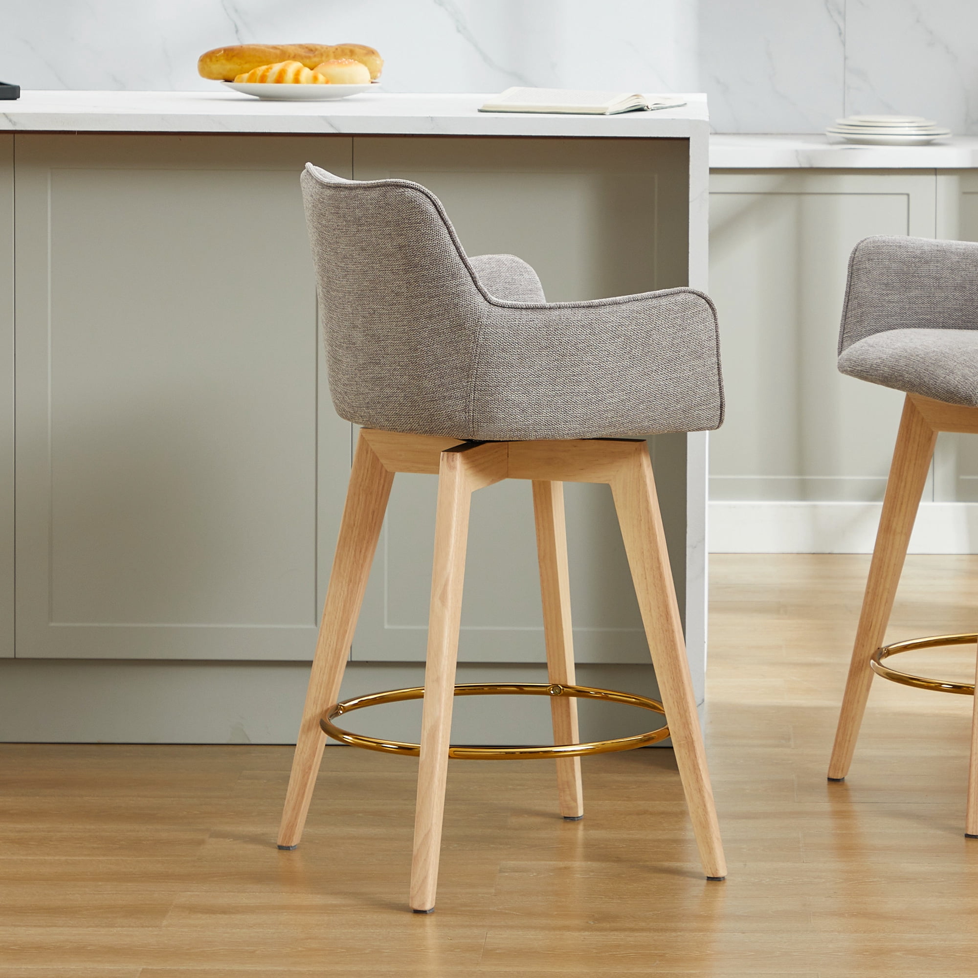 Zesthouse 26.6" Modern Bar Stools Counter Height, Swivel Single Bar Stool for Kitchen Island, Upholstered Linen Barstools with Barrel Back, Arms and Solid Wood Legs, Gray