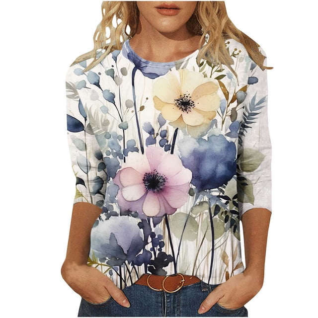Wanfds Hauts de Mode Multicolores pour Femmes Tendance 2024 Grande Taille Col Rond Manches Trois-Quarts TTG