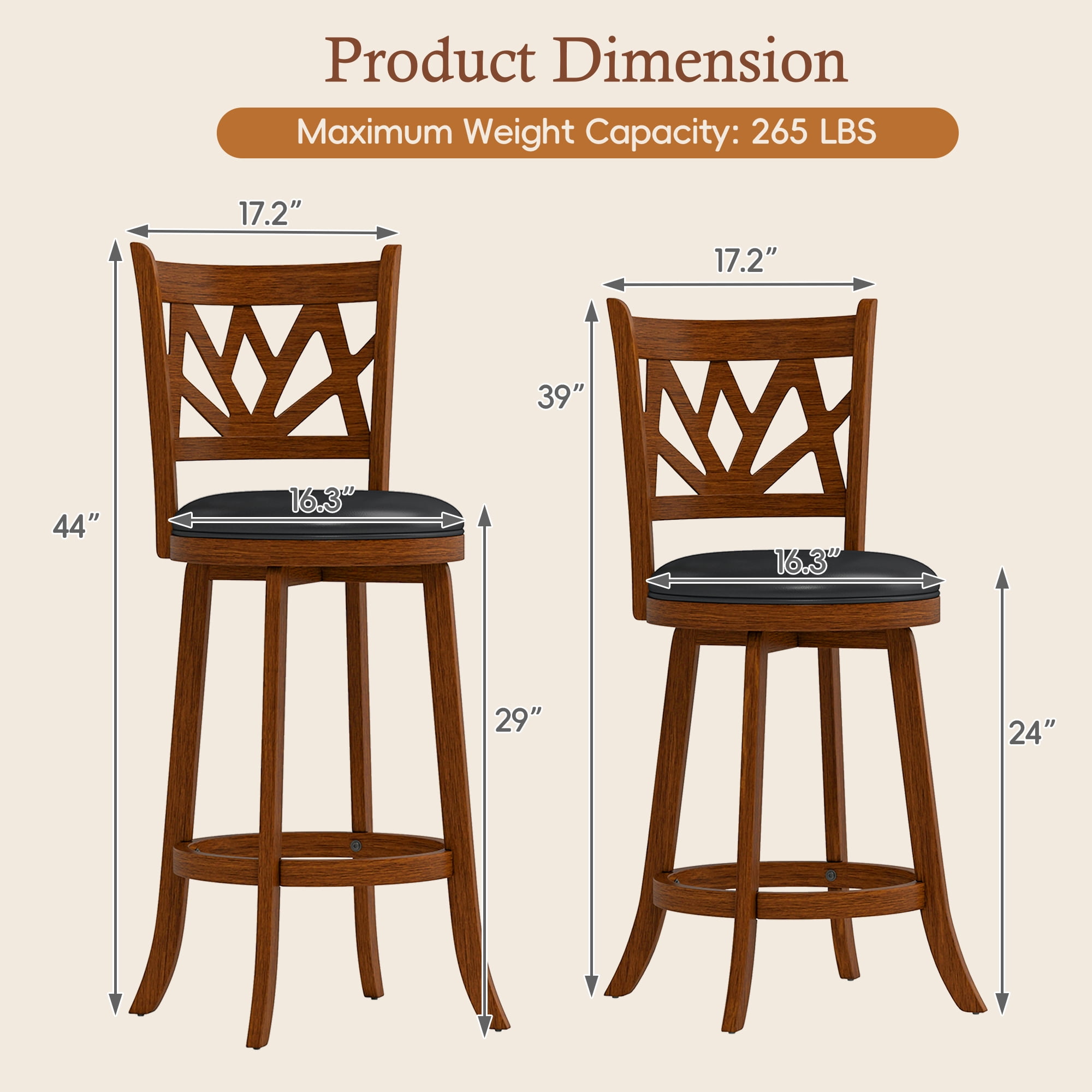 Joywind Farmhouse Swivel Bar Stools Set of 2, 24" Carved Lotus Barstools, Faux Leather Upholstered Counter Chairs with Solid Footrest & Wood Legs, Rustic Brown