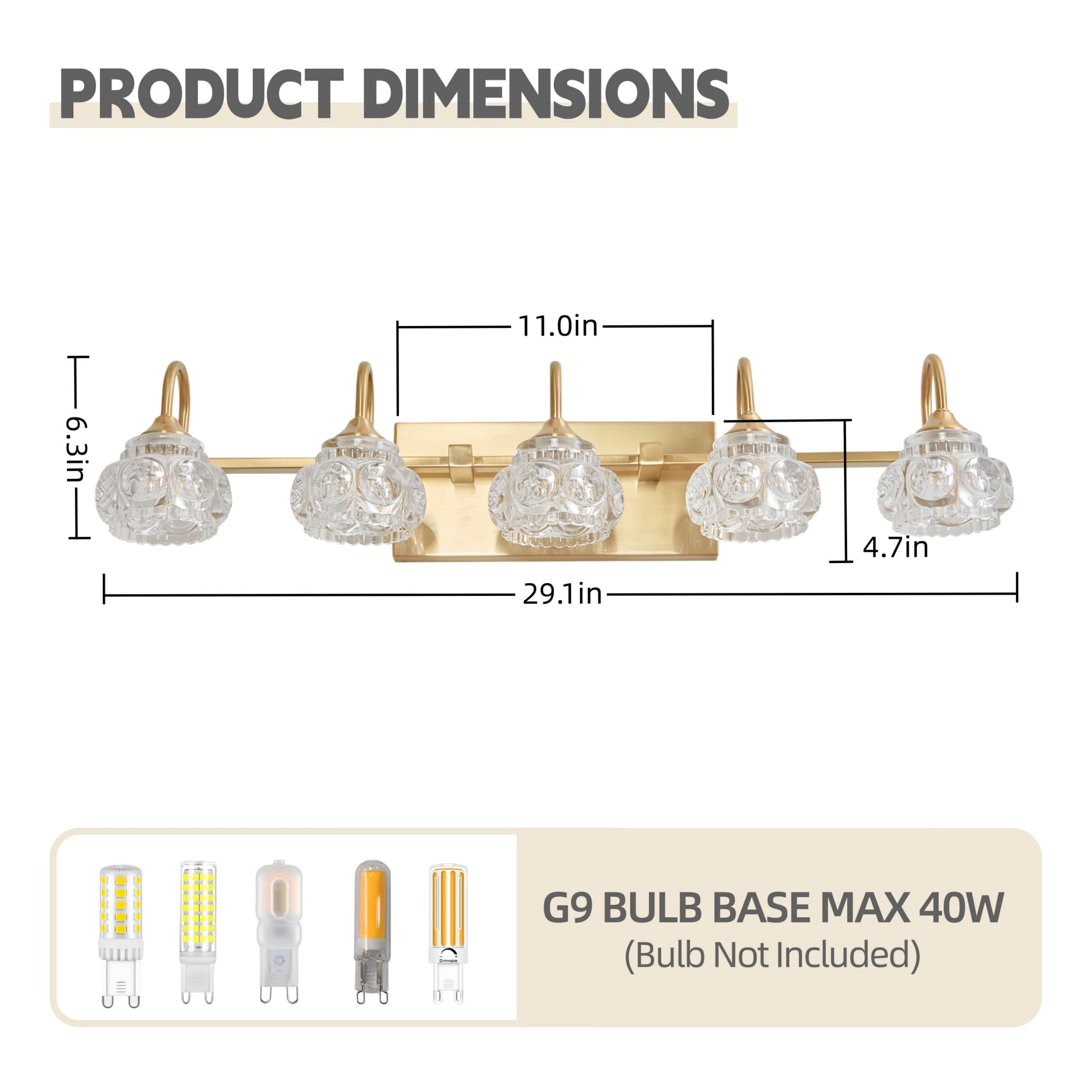 29" Modern 5-Light Gold Crystal Vanity Light with Clear Glass Shades, Elegant Bathroom Wall Sconce for Mirror or Powder Room (Bulbs Not Included)