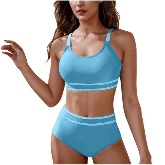 UTSJKR Women's High Waisted Bikini Sets Color Block Two Piece Swimsuit Scoop Neck Strap Crop Top Cheeky Bathing Suits Blue L