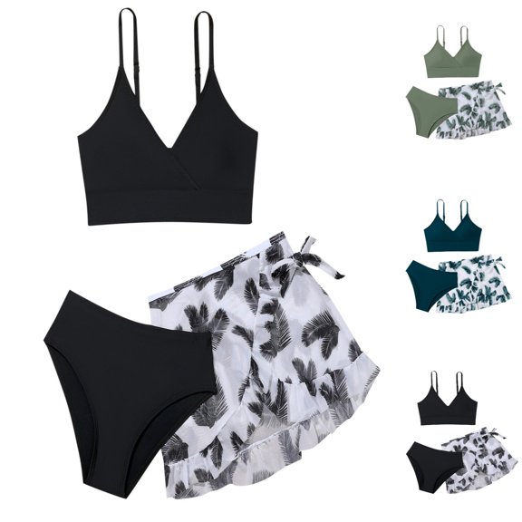 Girls Swimsuit 3 Piece Bathing Suits Floral Print Swimwear Bikini Sets with Cover Ups Beach Skirt Dark Blue 14-15 Years