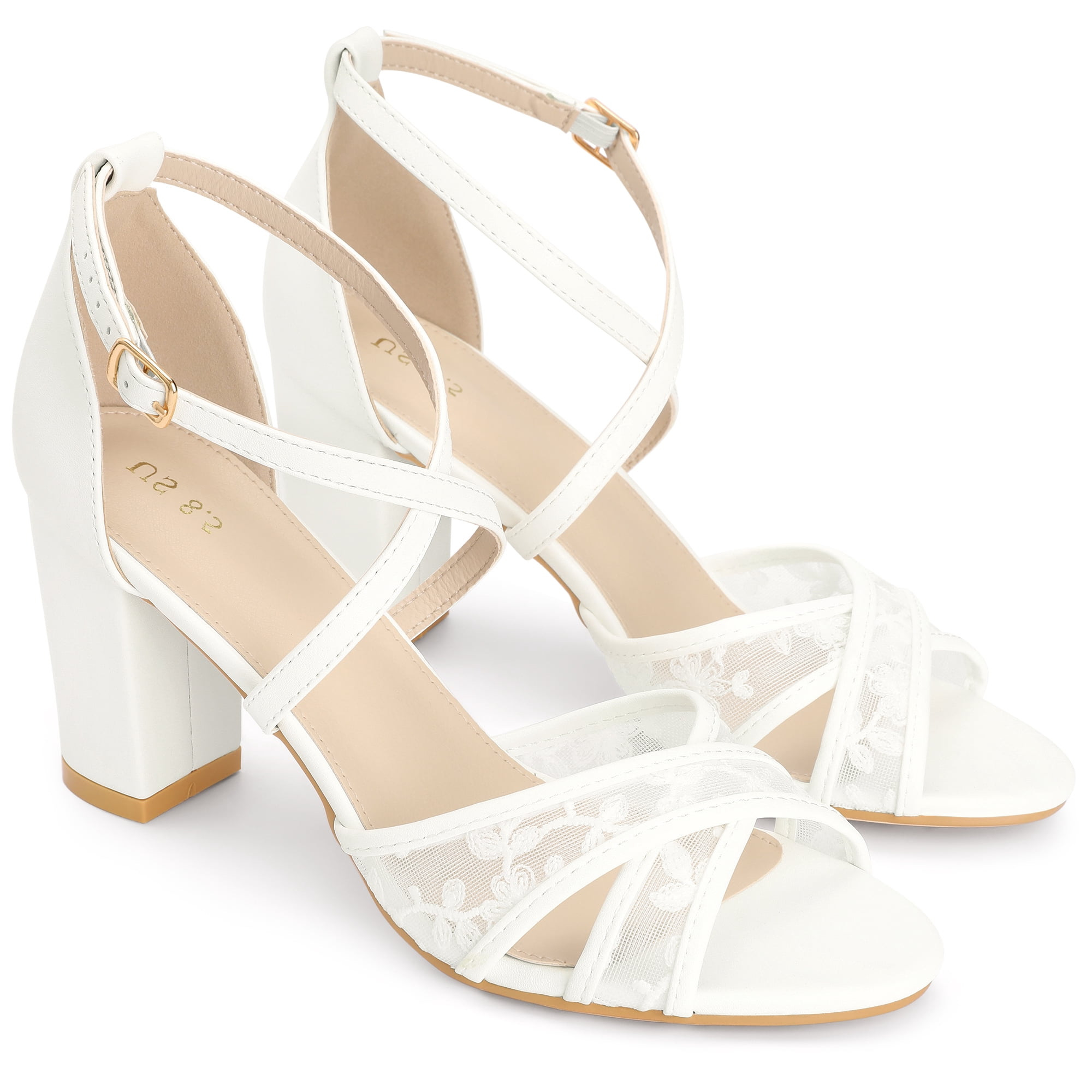 DARING DIVA Women's Lace Cross Strap Open Toe Block High Heels Sandals White 10