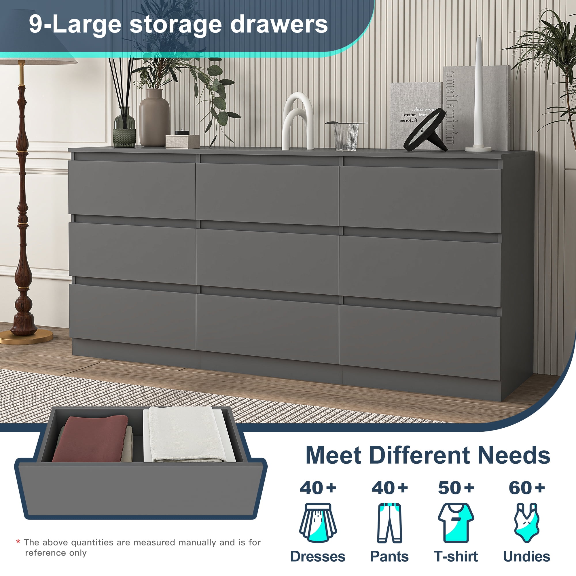 Demi Bonn 9 Drawer Double Dresser, Modern 9 Chest of Drawers with Deep Drawers, Wide Storage Organizer Cabinet for Living Room, Gray