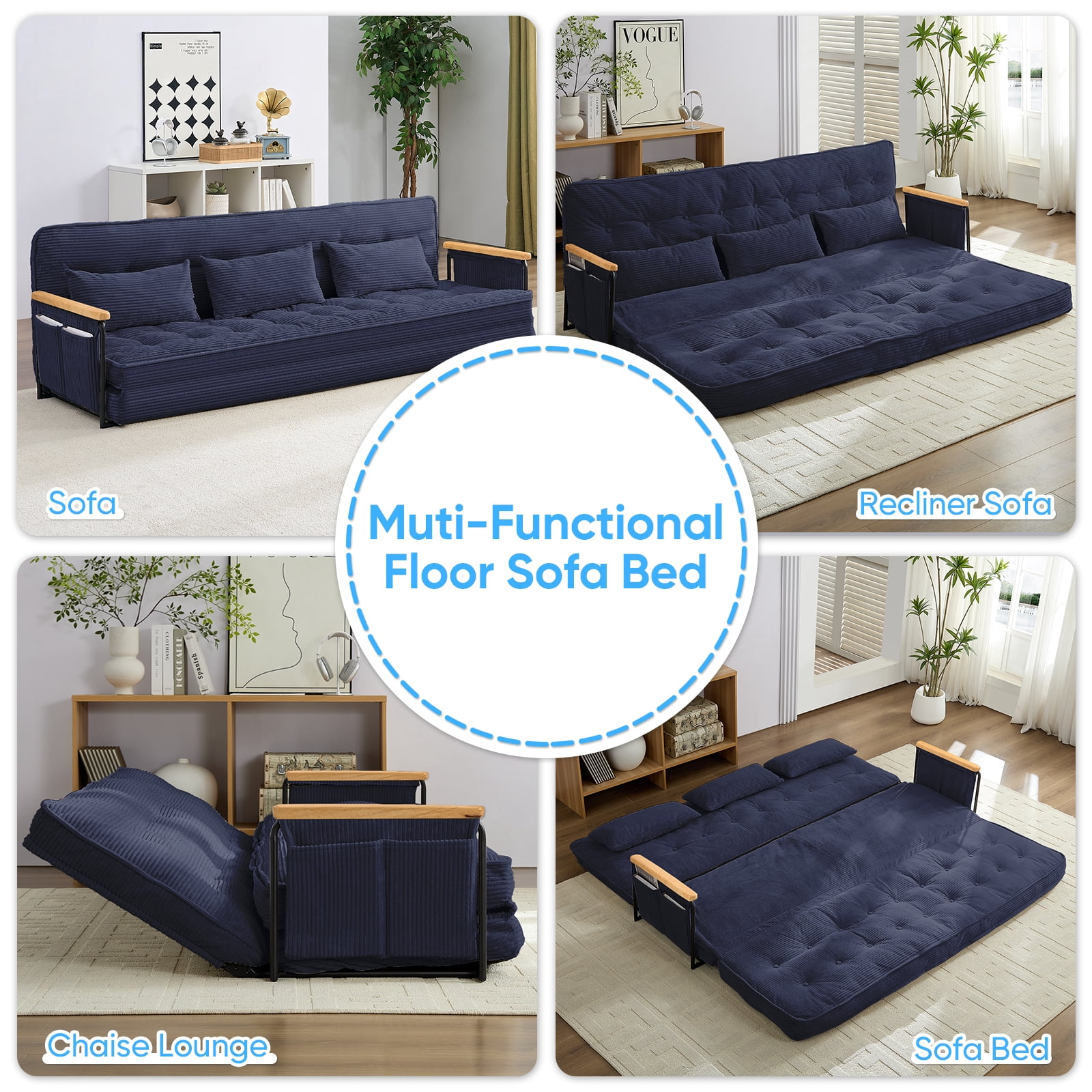 BALUS Futon Sofa Bed, 4-in-1 Corduroy Floor Couch Bed with Folding Mattress, Convertible Sleeper Sofa for Living Room, Blue