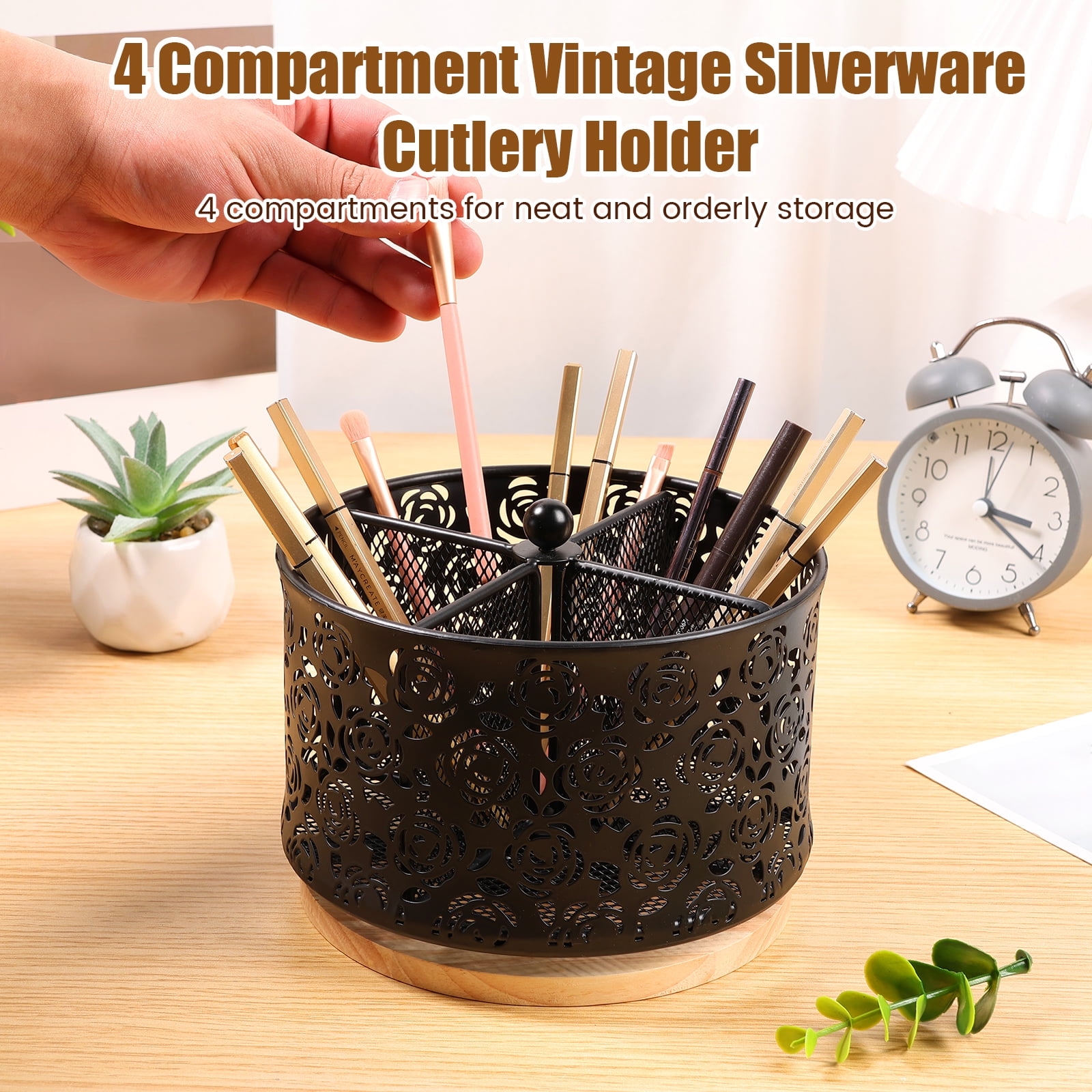 Tzdxfgl 360° Rotating Metal Utensil Holder for Countertop, 4 Compartment Silverware Caddy Organizer, Utensil Cutlery Holder, Fork Spoon Napkin Organizer, Flatware Storage Basket