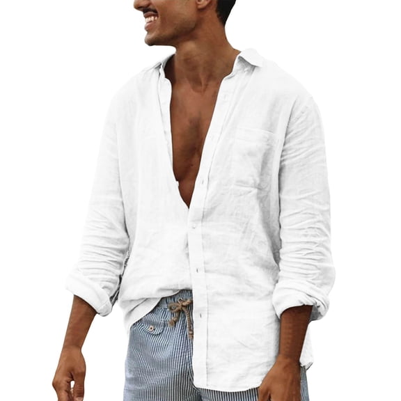 BLCHUNen Cotton Linen Button down Shirts for Men Lightweight Long Sleeve Shirts Casual Loose Collared Beach Vacation Tops,XL,White