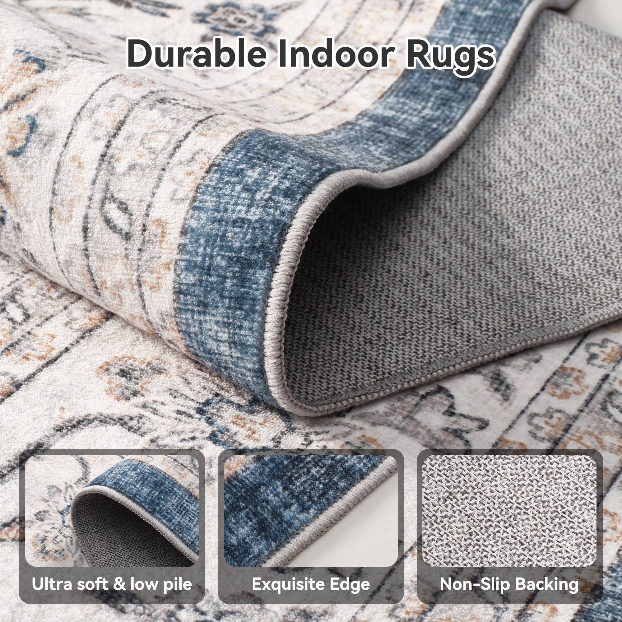 SIXHOME 5x7 Feet Washable Non-Slip Area Rug - Traditional Distressed Vintage Blue Rug with Retro Floral Design, Ultra-Soft Indoor Carpet for Living Room, Bedroom, Dining Room