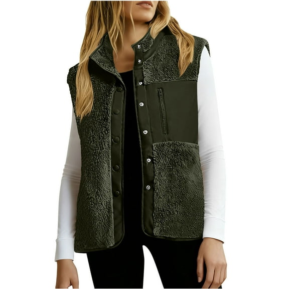 Gpaecead Women's Plush Sleeveless Zip Up Vest - Fleece Lined Warm Padded Gilet Olive Green