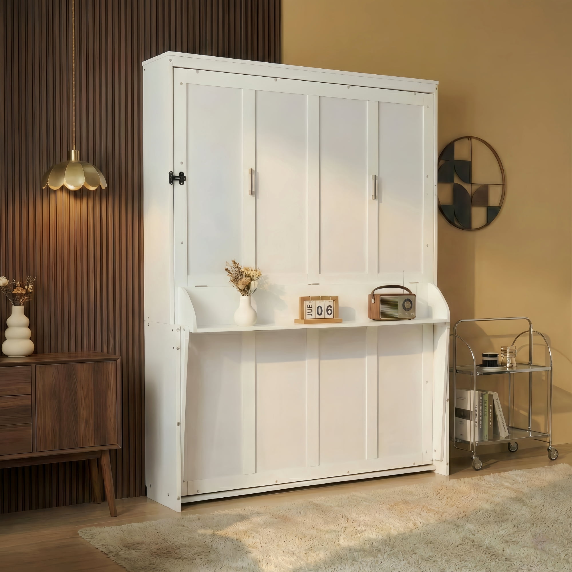 Mintazer Queen Size Foldable Murphy Bed with Shelf, Wall Cabinet Bed for Living Room Bedroom Apartment, White