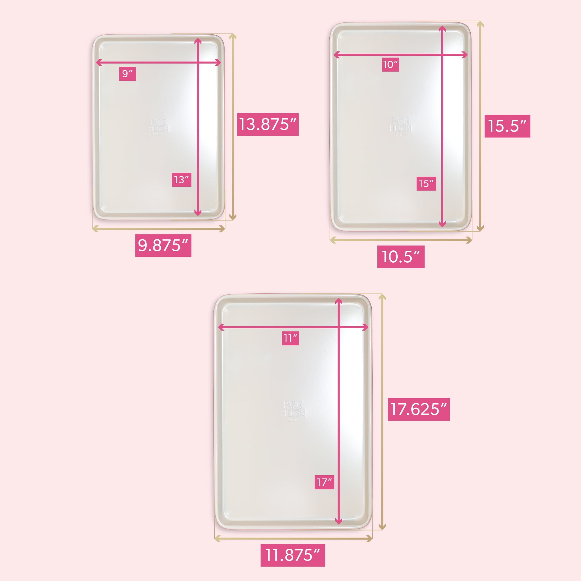 Paris Hilton 3-Piece Nonstick Cookie Sheet Pan Bakeware Set, Carbon Steel Baking Sheets, Dishwasher Safe, Pink