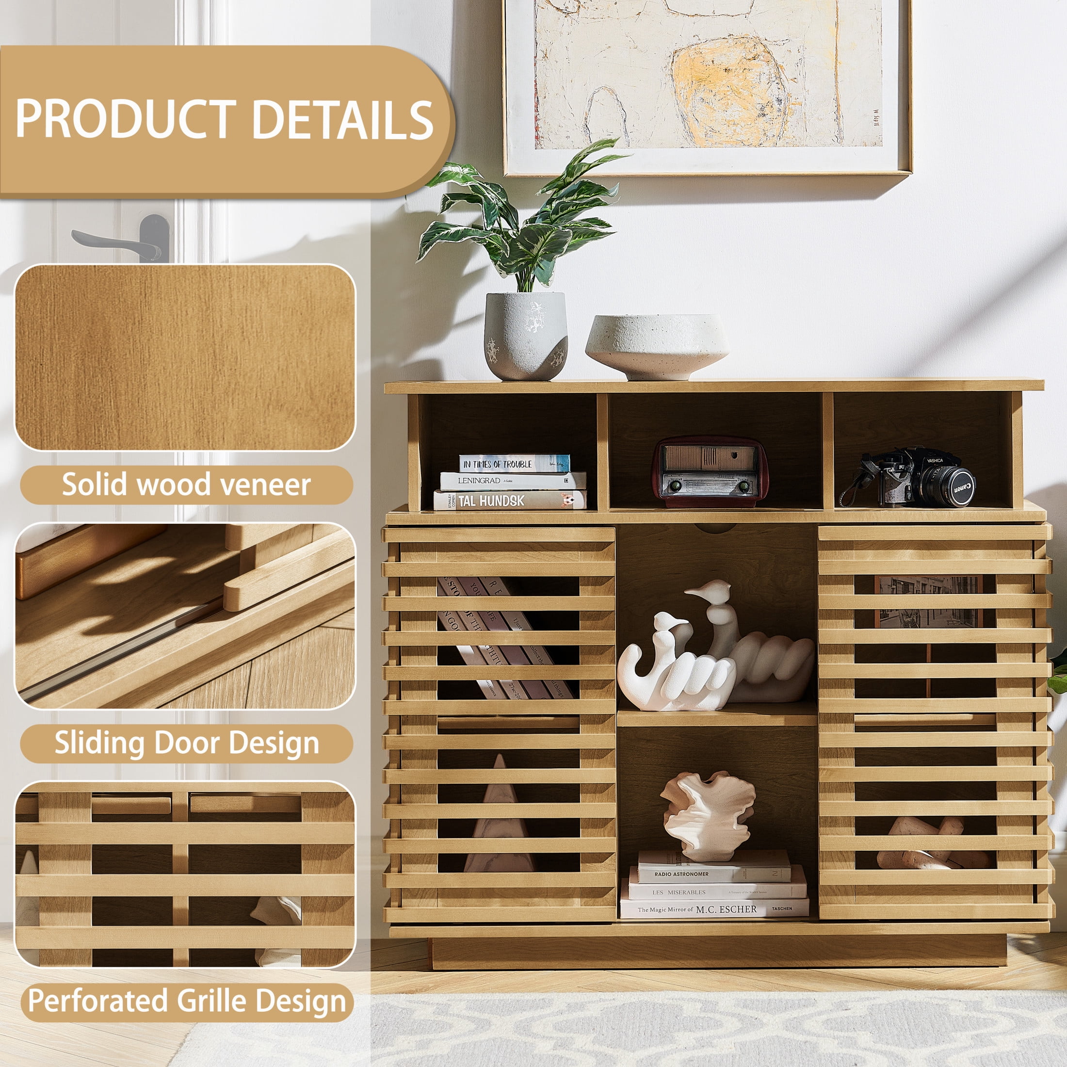 GDF Studio 36.1" Farmhouse Sideboard Buffet Cabinet with Sliding Doors, Adjustable Shelf, Natural