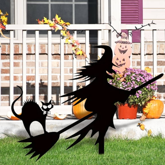 Black Metal Witch on Broomstick Yard Stake, Weather-Resistant Iron Garden Decor with Flying Witch Silhouette, Spooky Outdoor Halloween Decoration for Lawn, Patio, Ghost House Party