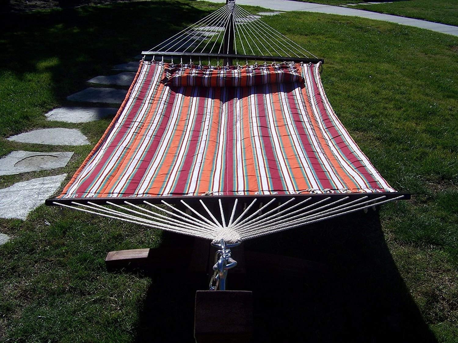 Petra Leisure 14 Ft. Coffee Stain Wooden Arc Hammock Stand + Deluxe Quilted Elegant Fiesta Stripe, Double Padded Hammock Bed w/Pillow. 2 Person Bed. 450 LB Capacity&nbsp;