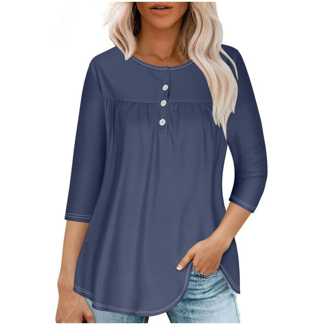 Simua Chandails en Molleton Décontractés à Col Rond pour Femmes, Boutons Plissés, Manches Longues Raglan, Tunique Ample