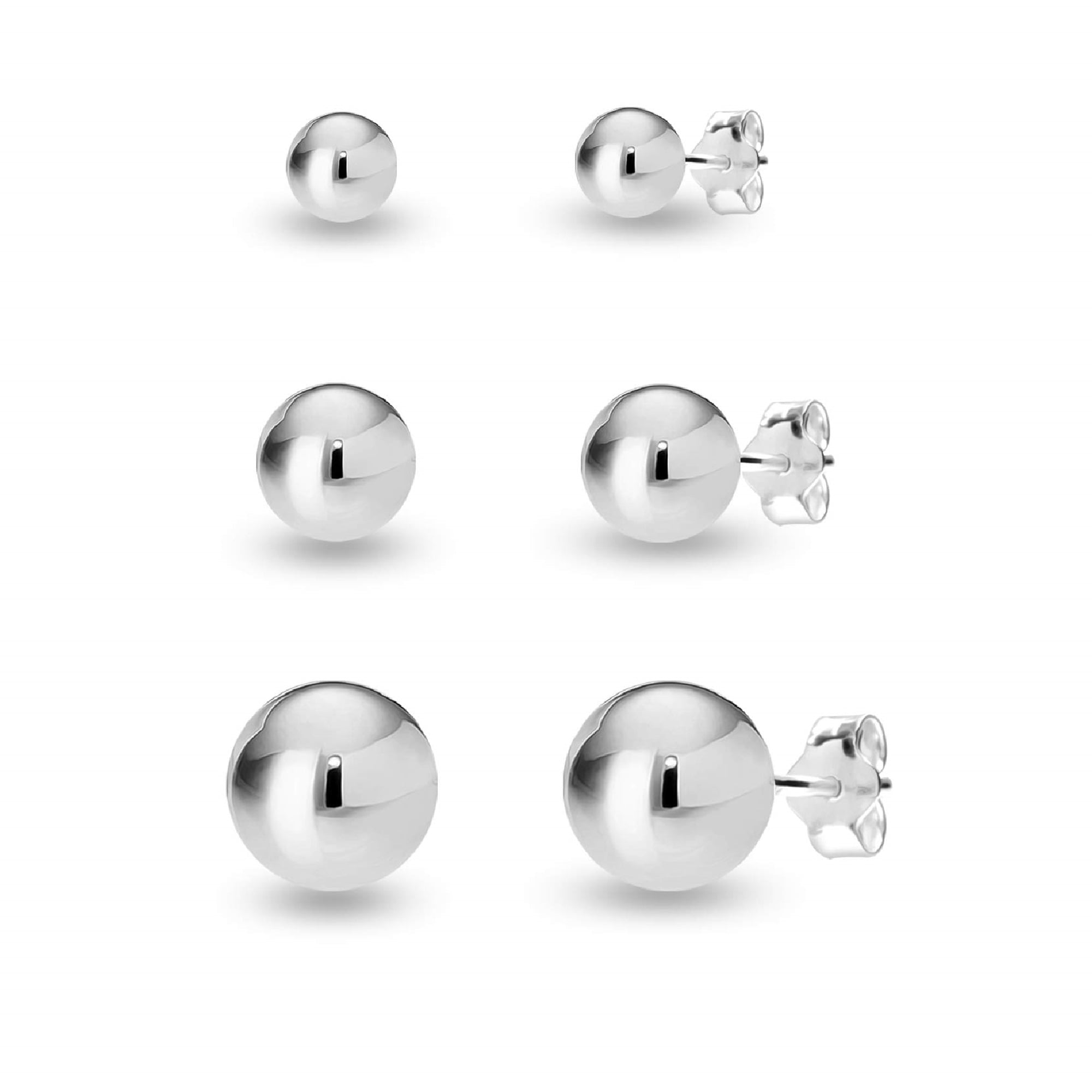 LeCalla Sterling Silver Ball Post Stud Earrings Set of 3 Pairs (3MM, 6MM, 8MM) for Women and Teens