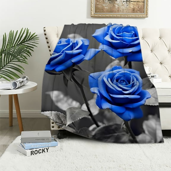 Pratyus Blue Rose Print Flannel Throw Blanket for Bed Sofa All Seasons Decor Lightweight Anti-Wrinkle Cozy Blanket 40x50in