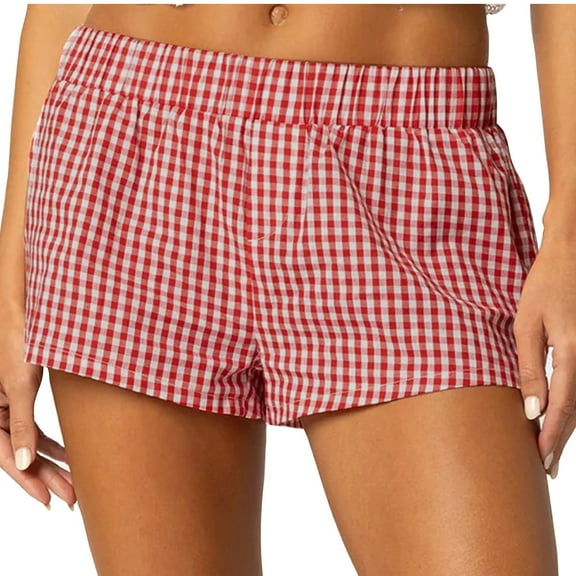 Summer Hot Short Pants Womens Trendy Elastic Waistband Trendy Plaid Shorts Casual Sexy Cotton Pjs Mini Shorts (XL, Red)