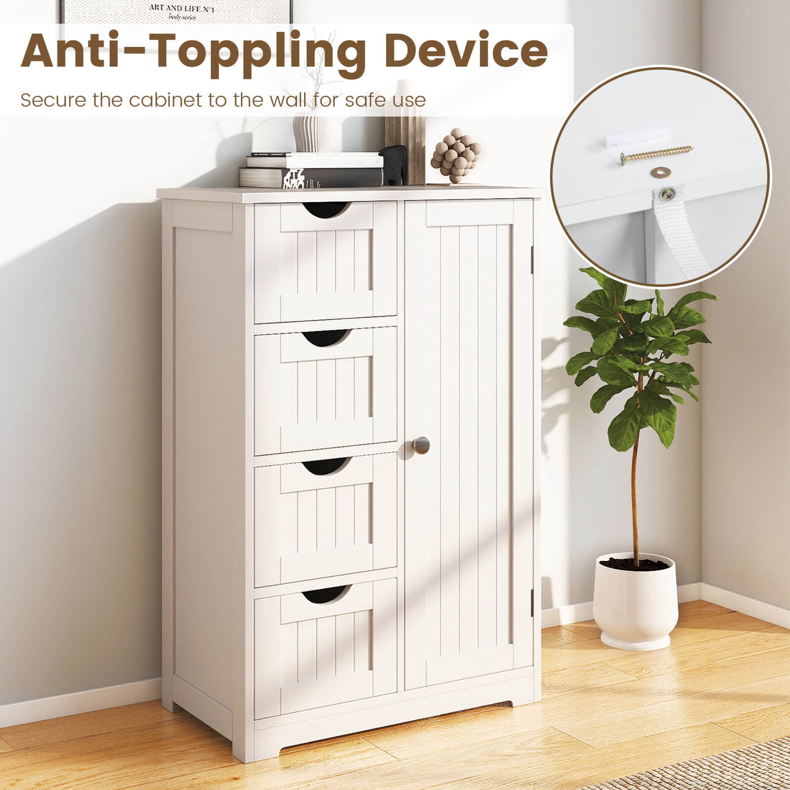 Costway Wooden 4 Drawer Bathroom Cabinet Storage Cupboard 2 Shelves Free Standing White