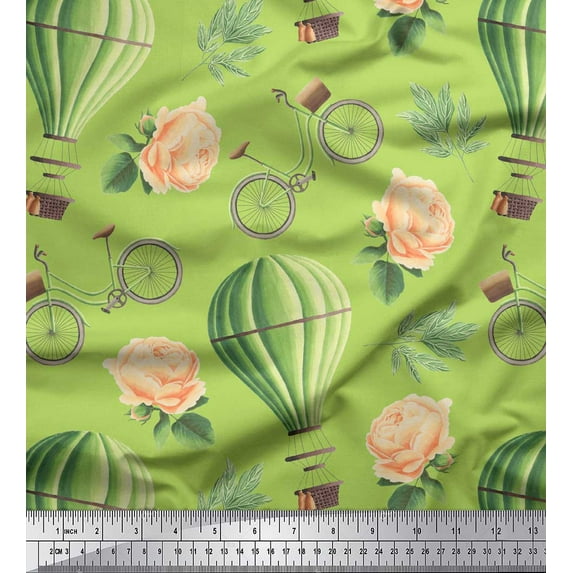Soimoi Green Poly Georgette Fabric Amber Flush,Bicycle & Hot Air Balloon Holiday Printed Craft Fabric by the Yard 42 Inch Wide