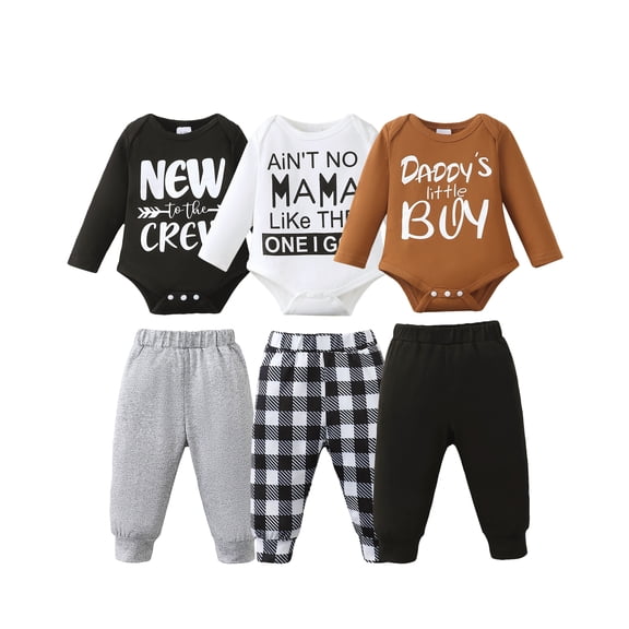 KIMI BEAR Newborn Baby Boys Layette Sets 6-12 Months Shower Gift Long Sleeves Letter Print Romper Top Pants Plaid Print Clohing 3-Packs Clothes 6pcs Sets Multicolor