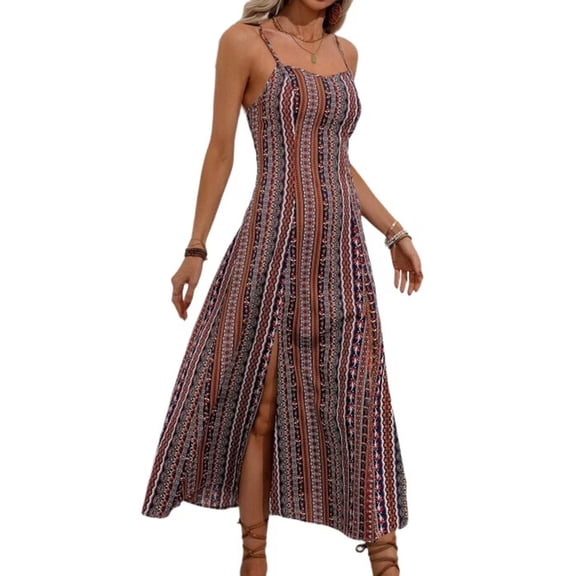 Women Boho Spaghetti Strap Maxi Dress Printed A Line Slit Flowy Summer Dress S