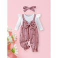 thumbnail image 6 of Loicainy Baby Toddler Girls Long Sleeve Jumpsuit 3 6 9 12 18 Months Floral Print Fake Two Pieces Patchwork Bow Romper and Cute Headband Set, 6 of 10