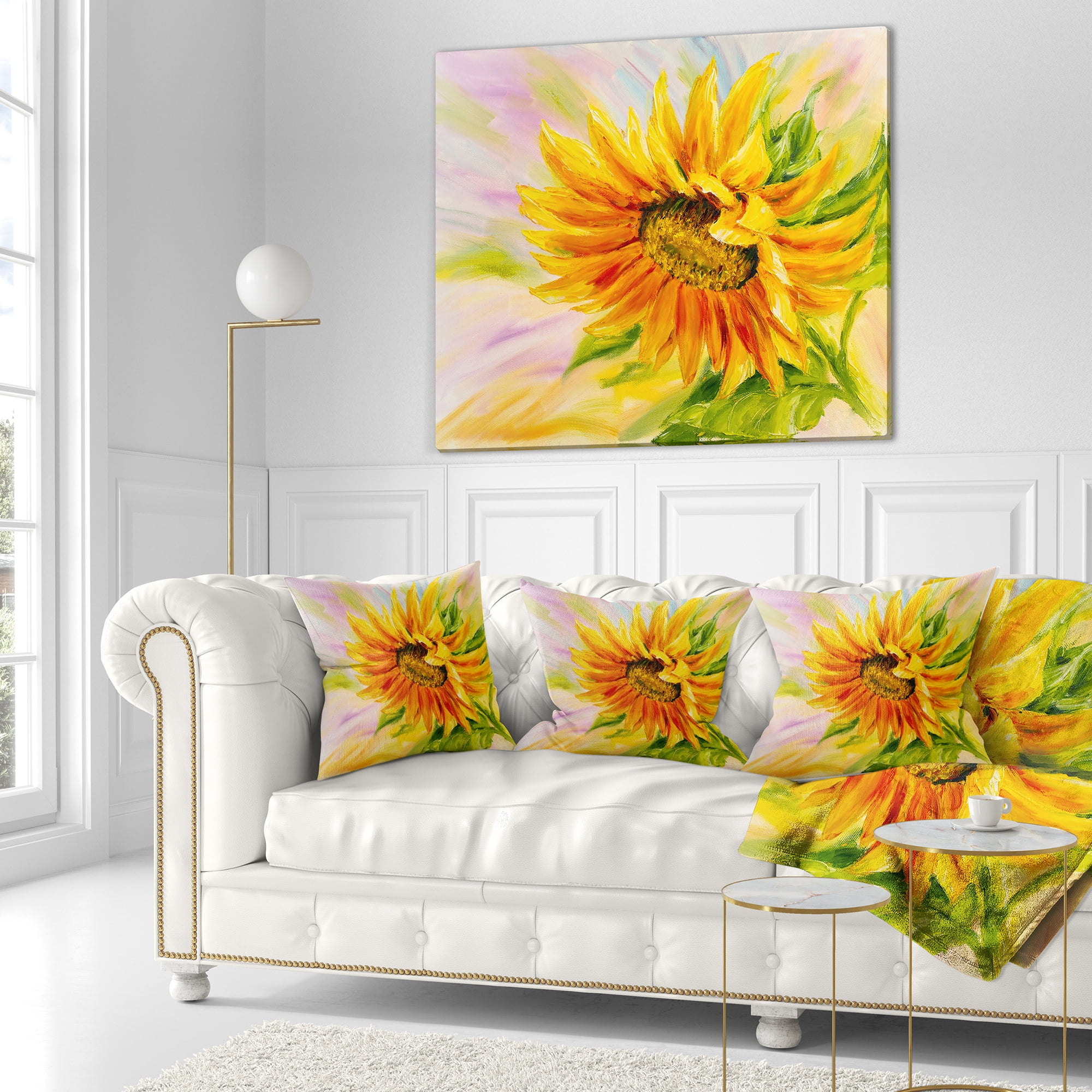 Designart Sunflower Oil Painting - Floral Throw Pillow - 16x16