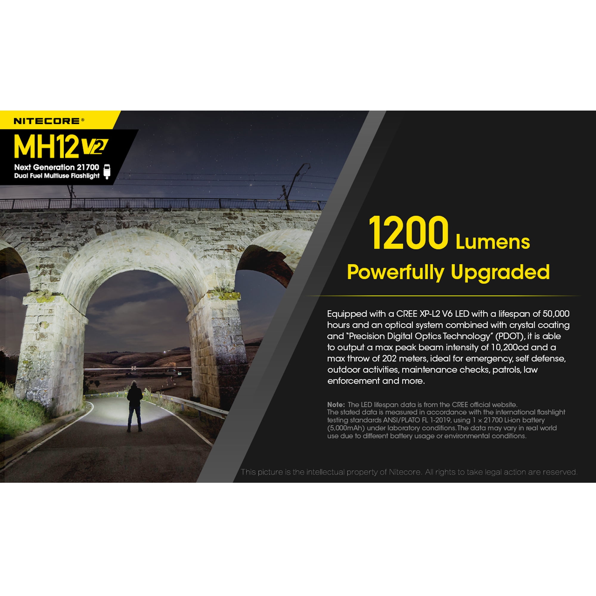 NITECORE MH12 v2 1200 Lumen USB-C Rechargeable Flashlight with 5000mAh Battery and LumenTac Battery Case