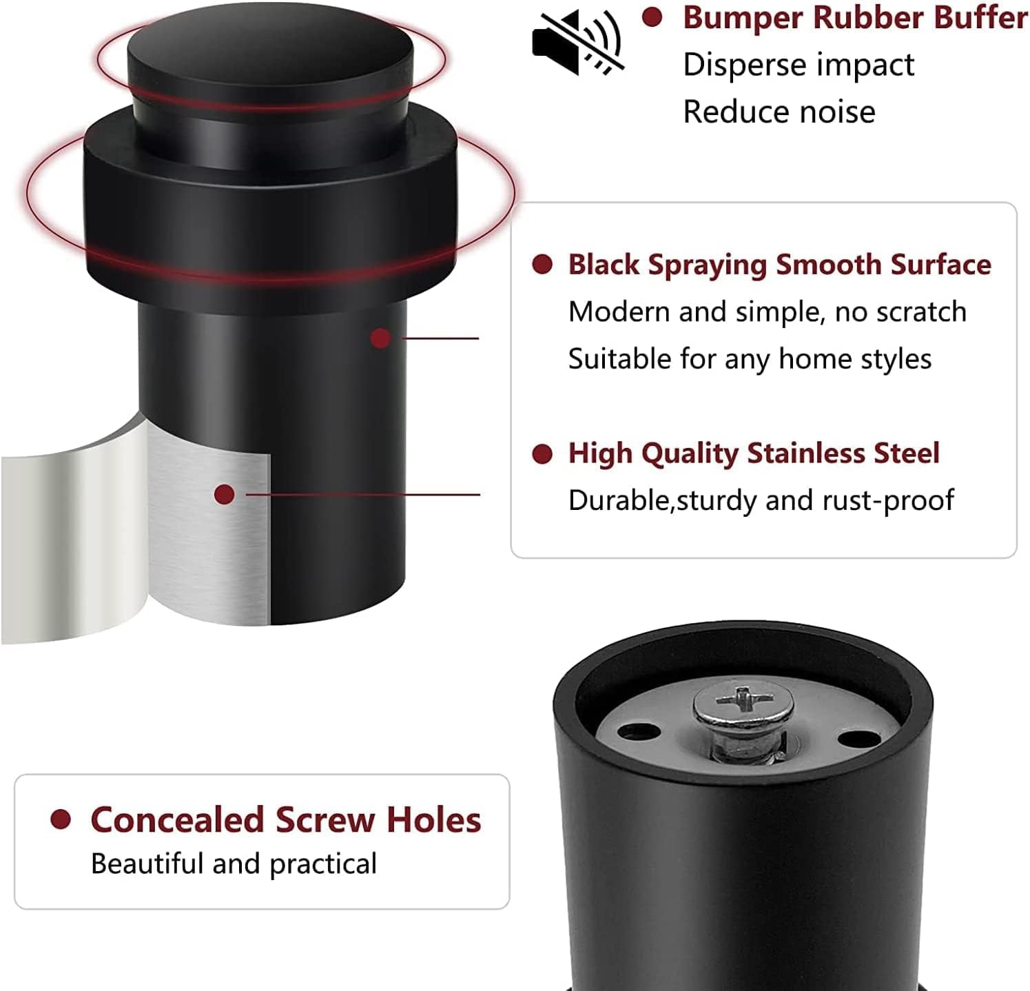 Door Stop, Floor Door Stopper Black for Bottom of Door, 2 Inch(50mm) Heavy Duty Commercial Cylindrical Modern Doorstop with Rubber Bumper, Wall Protector