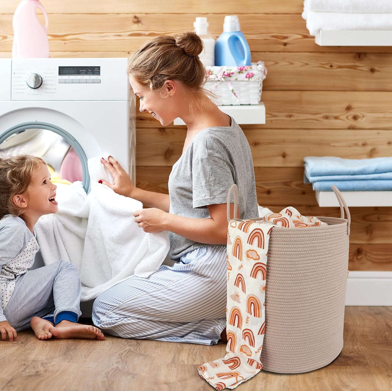 WarmHaven Cotton Rope Laundry Basket Hamper for Clothes Woven Storage Basket for Living Room Bedroom Boho Tall Rope Baskets for Blanket Toys Pillow Towels Baby Nursery Hamper Bin Konjac