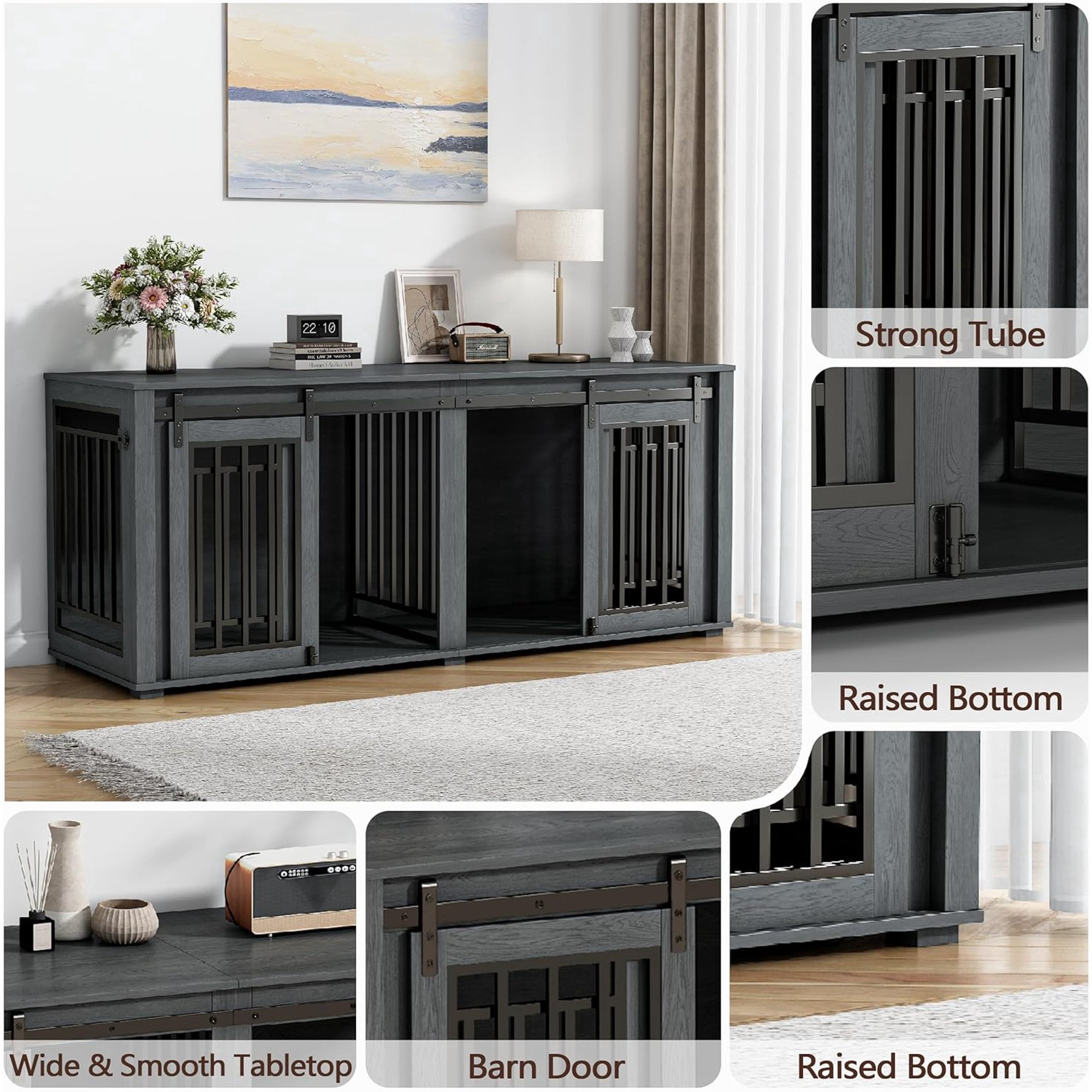 NEORIVER Large Dog Crate Furniture for 2 Dogs, 71" Sliding Door Heavy Duty Dog Kennel Furniture with Divider, Steel Frame Indoor Double Dog Crate for Large Medium Small Dogs, Dark Black