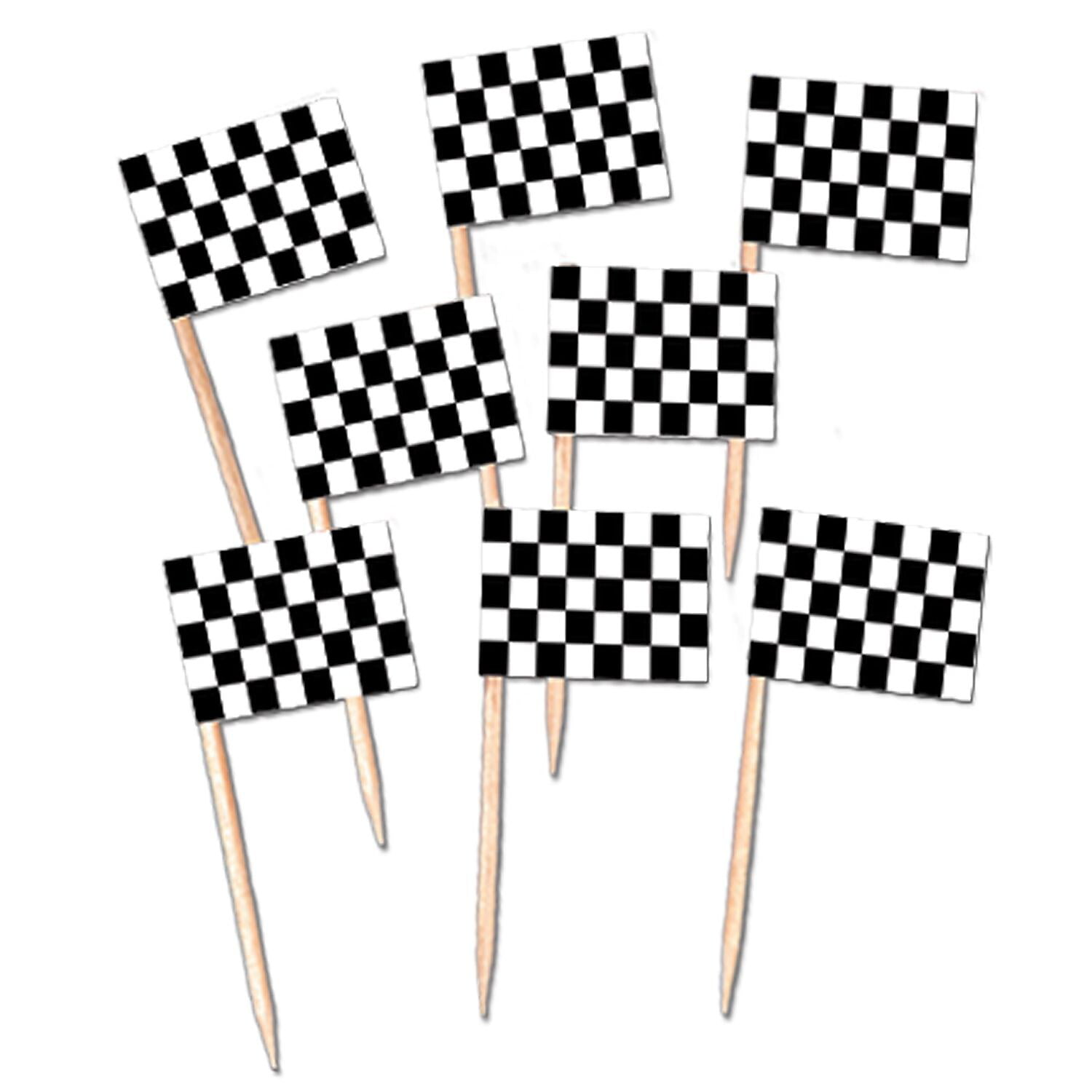 Set of 2 Novelty 8 x 5 Inch Checkered Black and White Racing Stick Party Flags