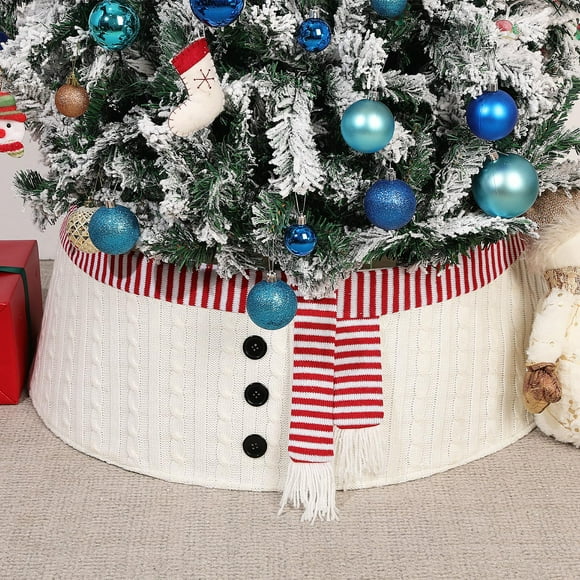 Lewondr Christmas Tree Collar 30 Inch 3D Snowman Large Cute Knitted White Red Christmas Tree Skirt Decorative Xmas Tree Ring Foldable Stand Base Cover for Christmas Hoilday Party Home