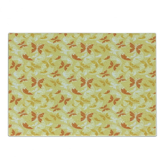 Yellow and White Cutting Board, Butterfly Pattern with Swirls Romantic Animals of Spring, Decorative Tempered Glass Cutting and Serving Board, Small Size, Earth Yellow Orange, by Ambesonne