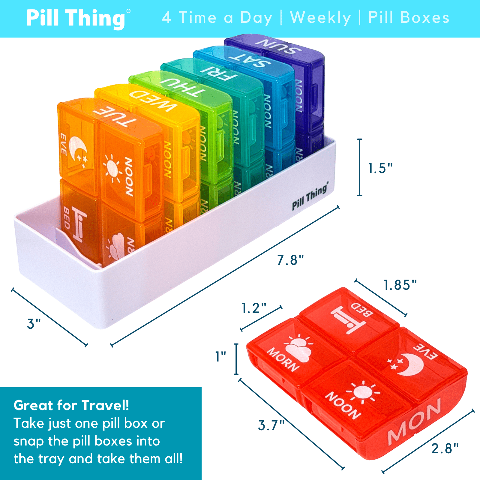 Large Weekly 4-Time Daily Pill Organizer, 7 Day Color-Coded Pill Boxes with Spacious Compartments, Snap-In Tray, BPA-Free, Medical Alert Card, 1 Pack