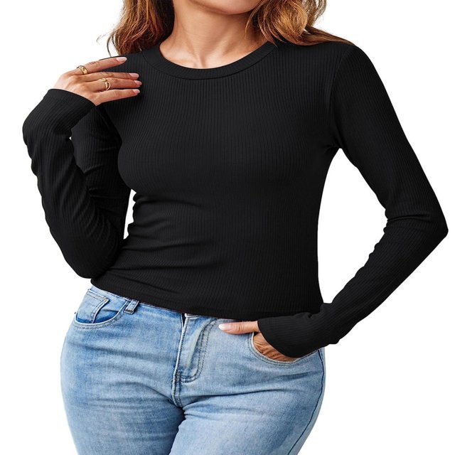 Womens Ribbed Long Sleeve Crewneck Shirts Fitted Sweaters Slim Fit Basic Casual Tops S/M/L/XL