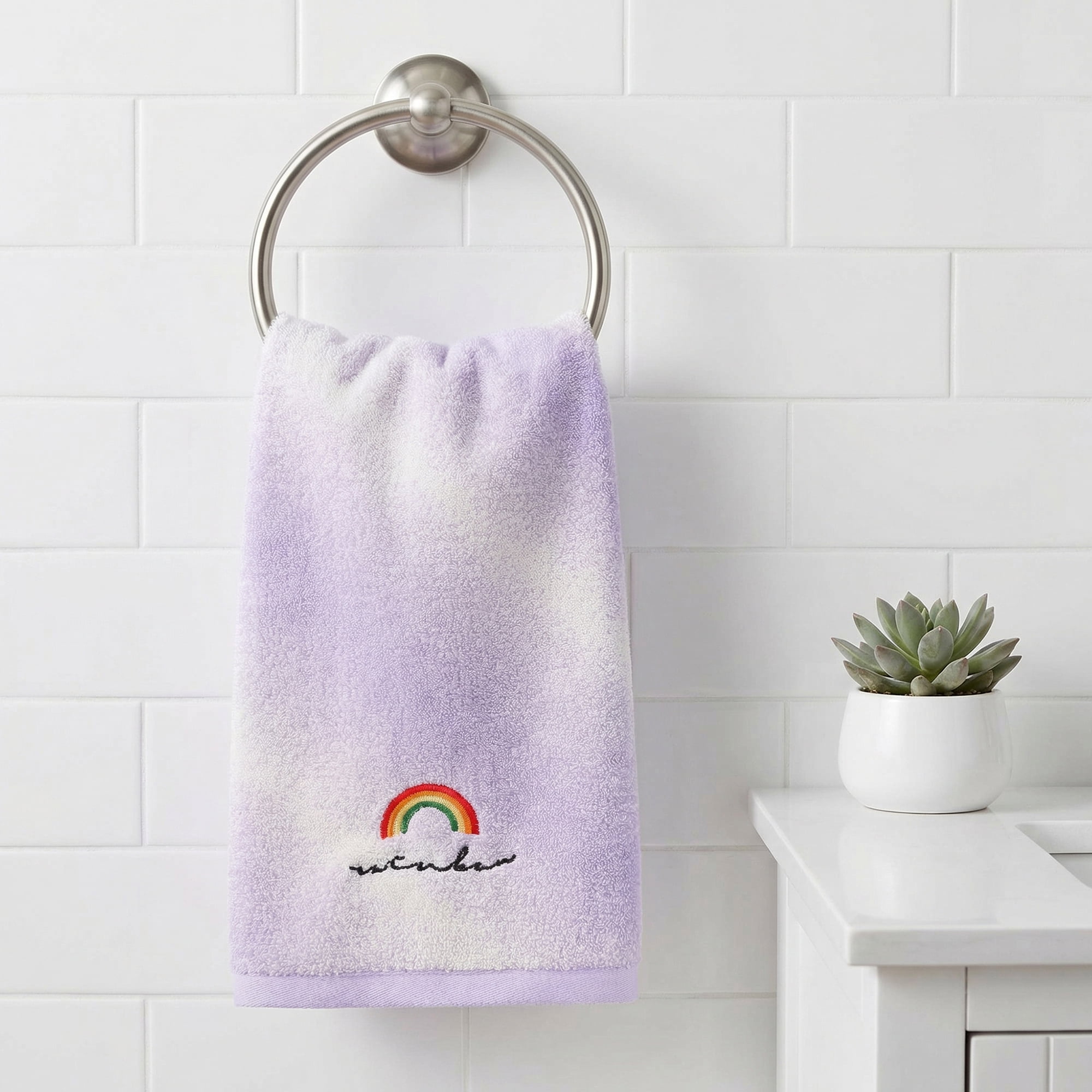 Unique Bargains 2 Pcs Rainbow Cotton Soft Absorbent Hand Towels Purple 28" x 13"