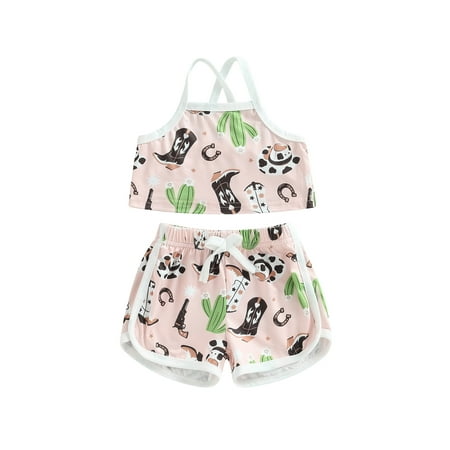 

Western Toddler Baby Girl Shorts Set Print Sleeveless Cami Tops + Shorts 2pcs Summer Outfits