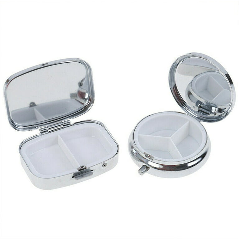 1Pc small metal round rectangular silver tablet pill box container