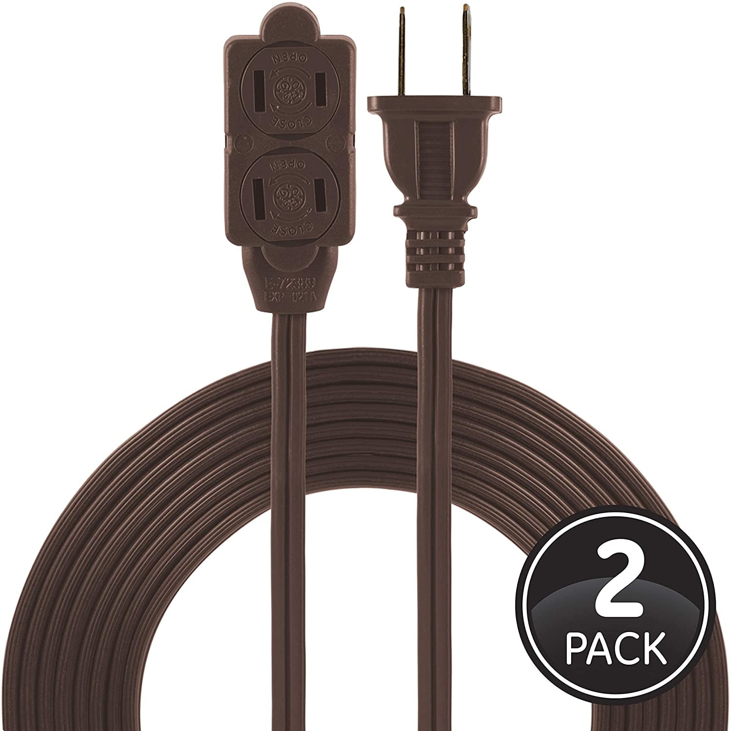 GENERAL ELECTRIC 12 Ft 2 Pack, Brown, Extension Cord, 3 Power Strip, 2 Prong, 16 Gauge, Twist-to-Close Safety Outlet Covers, Indoor Rated, UL Listed - 50409
