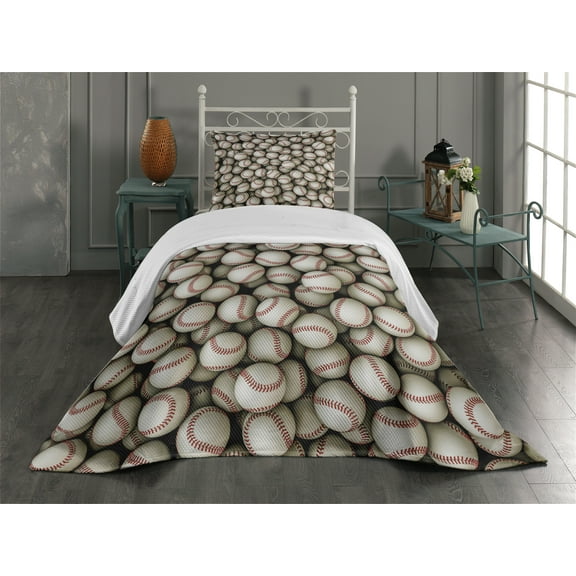 Ambesonne Sports Quilted Coverlet 2 Pcs, Baseball Sport Emblem Art, Twin Size, Beige Red