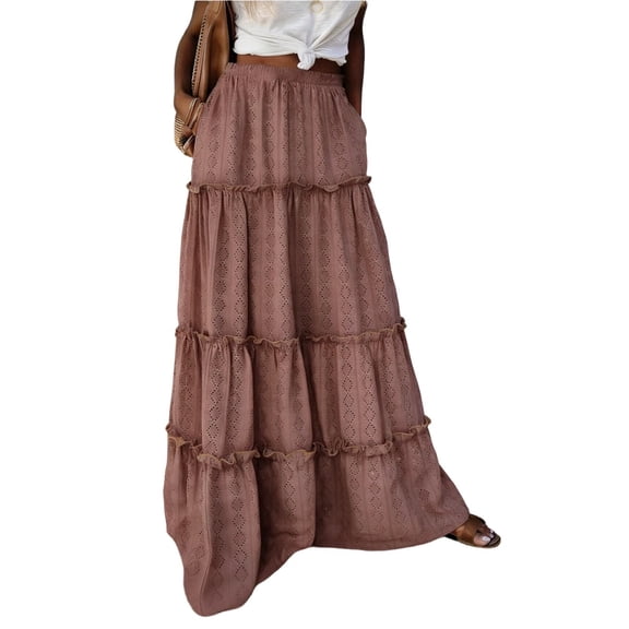 JGGSPWM Maxi Skirts for Women Summer Boho Flowy Tiered Ruffle Skirt with Pockets Elastic High Waisted A Line Long Skirts Red XL