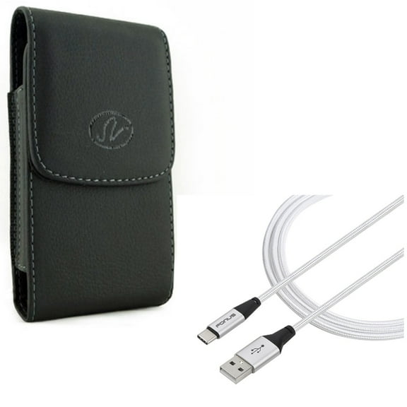 Type-C 10ft USB Cable w Leather Case Belt Clip for Google Pixel 6 - Charger Cord Power Wire, Holster Cover Pouch G1A Compatible With Google Pixel 6