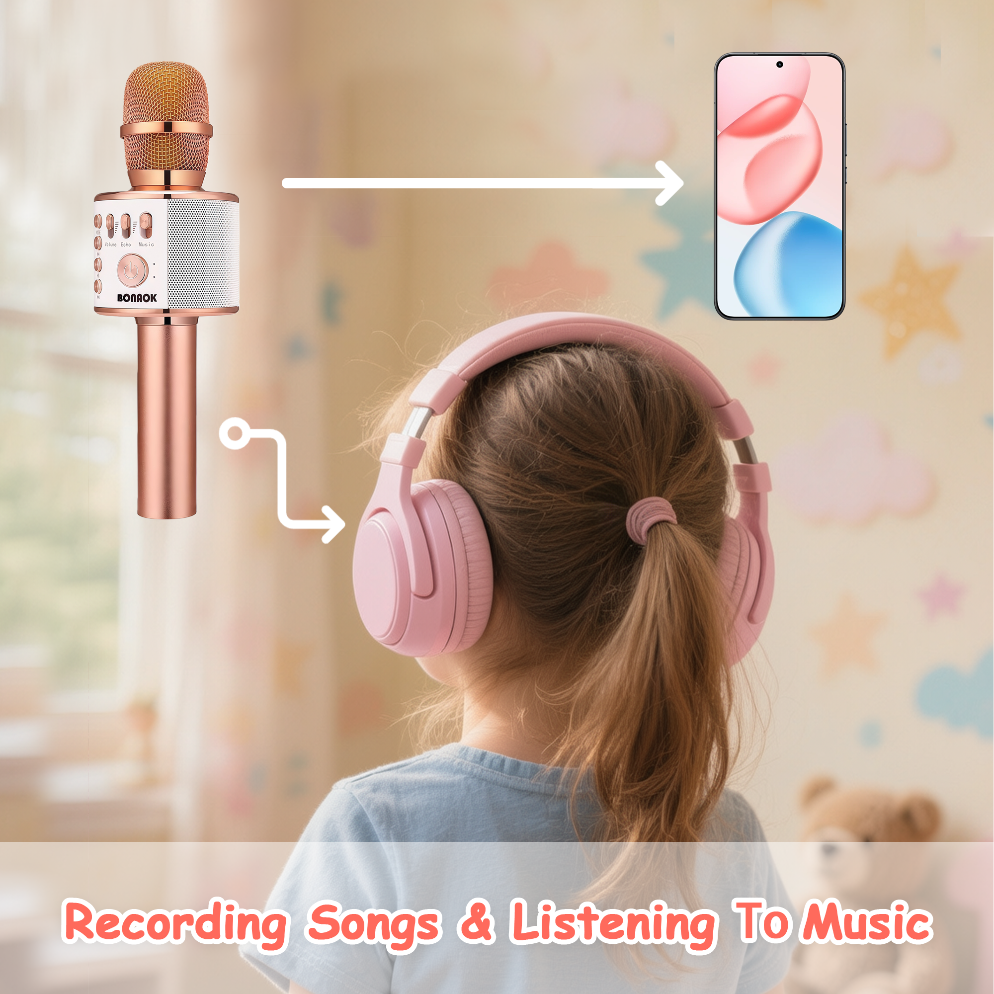 Bonaok Wireless Karaoke Microphone with LED Lights, Rose Gold photo 5