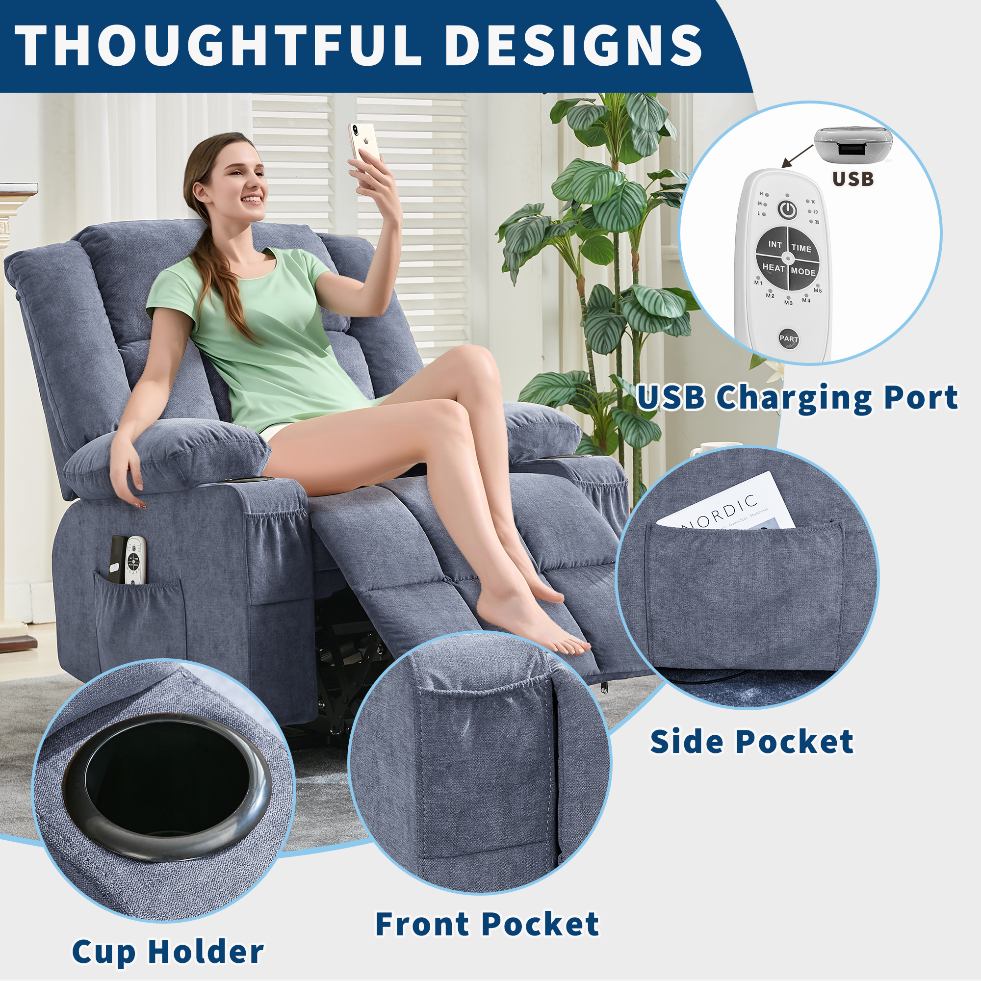 Power Lift Recliner Chair for Elderly – Oversized Wide Sofa with Heat, Vibration, Massage, 3 Positions, Remote Control, USB Charging, Cup Holders, Side Pockets, Ergonomic Living Room Chair, Blue